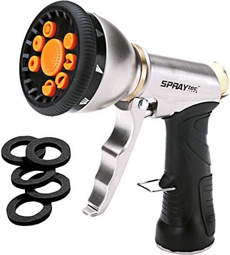 High Pressure Garden Hose Nozzle, Heavy Duty Metal Water Hose Sprayer with 9 Spray Patterns, Adjustable Flow Control & 5 Extra Washers for Watering Plants, Dog/Pet Bathing, Car Wash & Outdoor Cleaning