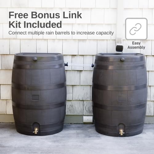 RTS Home Accents 50-Gallon Rain Barrel, Flat Back Rain Water Collection Barrel, Stand and Link Kit Included, Walnut Color (2 Pack)