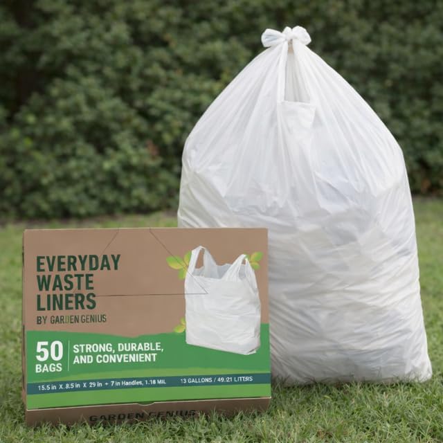 Biodegradable 13 Gallon White Kitchen Trash Bags with Ergonomic Handles (50 Pack) - Extra Strong, Leak-Proof & Thick 1.18 Mil - 15% Thicker Than Most - Fits Standard 13 Gal Cans - Eco-Friendly D2W