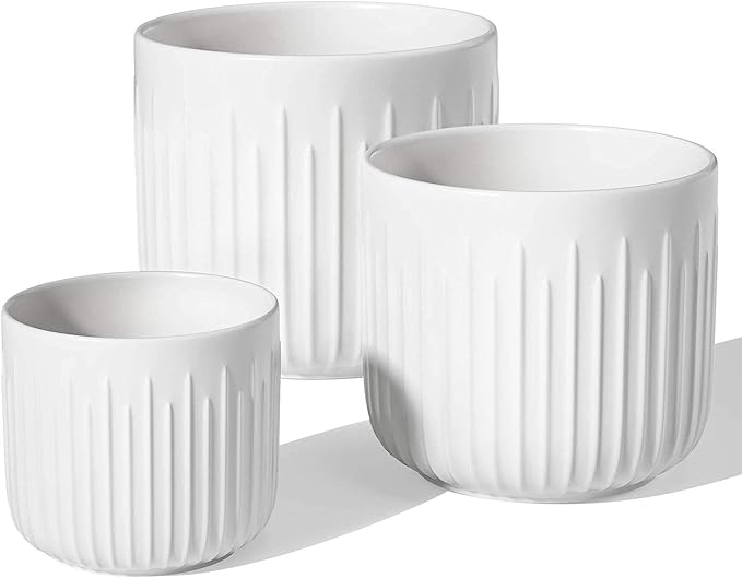 LE TAUCI Fluted Ceramic Planters, 8.3/7/6 Inch Indoor Pots for Plants with Drainage Holes & Mesh, Modern Matte Glaze Cylinder Plant Pot for Snake Plant, Set of 3, White