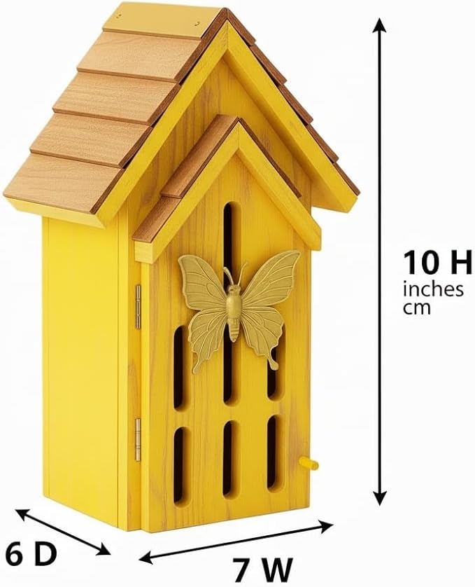 Shingle Roof Butterfly House for Outdoor, Insect House, Vintage Style Cedar Wood Bee House for Garden Outside, Open Door for Easy Cleaning Conservation.Shelter Hotel with Hooks for Hanging (Yellow)