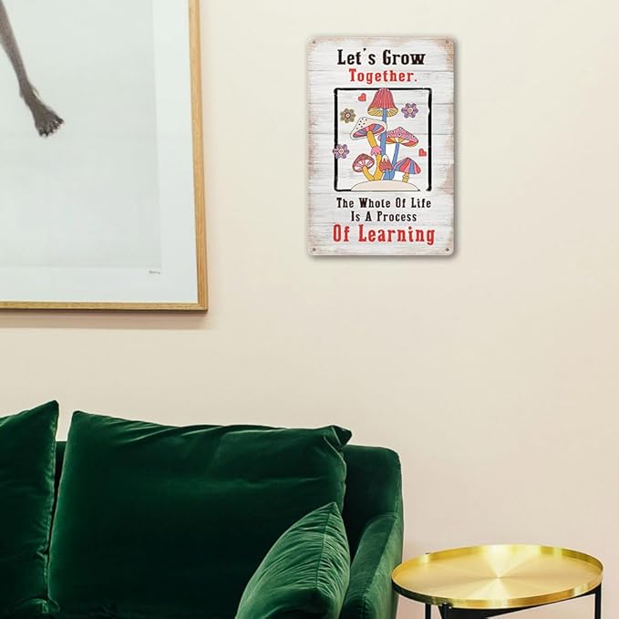 Mushroom Metal Tin Sign 70s Retro Home Decor Vintage Groovy Hippie Slogan Mushroom Let Is Grow Together Tin Signs Groovy Room Wall Art Decor Motivational Positive Inspirational Quotes Decor For Home Kitchen Bathroom Coffee Bar Wall Decoration 8x12 Inch