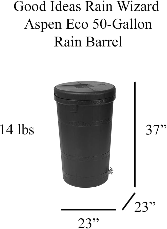 Good Ideas Aspen 50 Gallon Capacity Rain Barrel Water Storage Collector Saver with Brass Spigot and Removable Lid, Oak Brown (2 Pack)