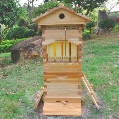 Beehive Starter Kit, Complete Beekeeping Wooden Box with Observation Window, Self-Flowing Honey Beehive, 4 Frames & 6 Honeycomb Trays for Garden Pollinators