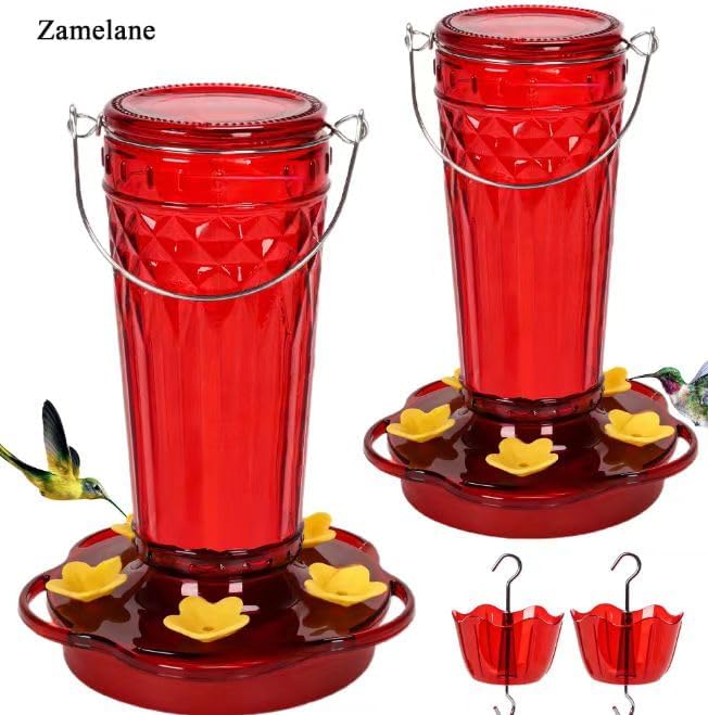 Glass Hummingbird feeders for Outdoors 2pack-14Ounces,5 Feeding Ports Hummingbird Feeder,Wide Mouth for Easy Filling/Cleaning,Hanging for Garden Backyard Decor, Includes Ant Moat (Red)