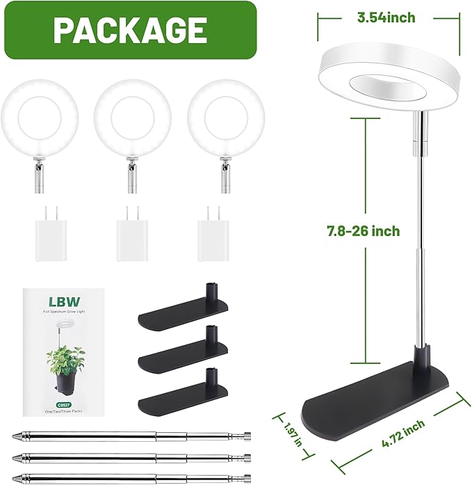 LBW Grow Light for Indoor Plants, Height Adjustable Plant Grow Lamp with Auto On/Off Timer 6/8/12/16H, 3 Colors,5 Dimmable Brightness, for Small Plants, White, 3 Packs