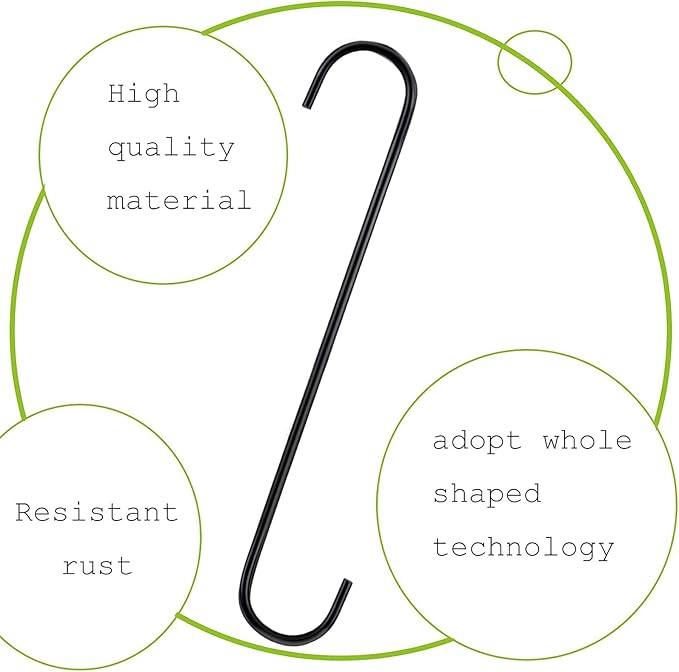 8 Pack S Hooks Heavy Duty 12 Inch Large S Shape Hooks for Hanging Plant Pots and Pans Steel Metal Hanger Hook Black Long S-Hook for Hanging Clothes, Plants, bird feeders, Garden Indoor Outdoor