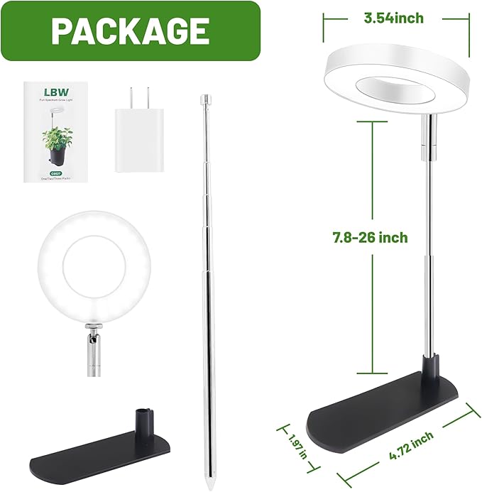 LBW Grow Light for Indoor Plants, Full Spectrum Plant Light with Base, Height Adjustable Plant Growing Lamp with Auto On/Off Timer 6/8/12/16H, 3 Colors,5 Dimmable Brightness, for Small Plants, White