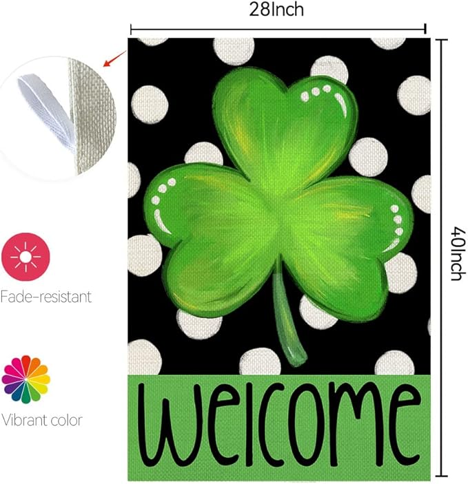 CROWNED BEAUTY St Patricks Day House Flag 28×40 Inch Double Sided Green Shamrock Clover Welcome Big Outside Vertical Holiday Yard Decor CF356-40