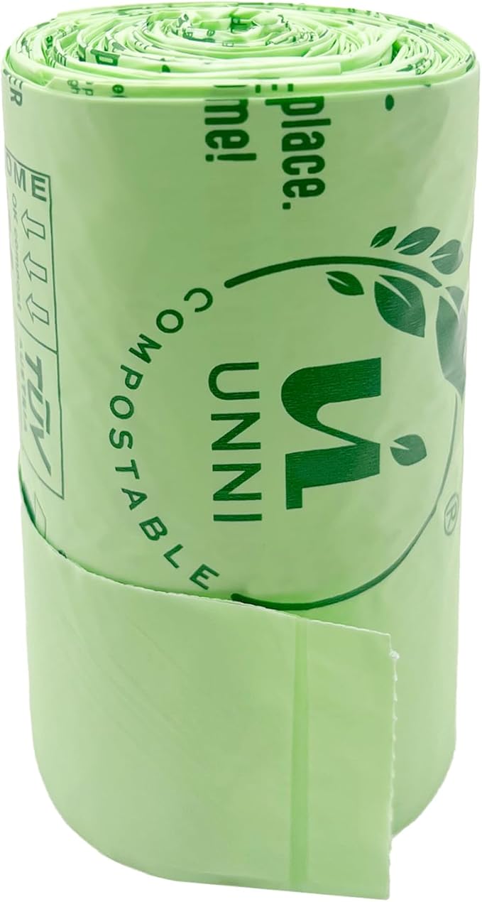 UNNI Compostable T-Shirt Bags with Tie Handles, 13 Gallon / 49.2 Liter, 60 Count - 2 rolls × 30, 0.87 mil Tall Kitchen Compost Liners, Certified by BPI, CMA & OK compost HOME, Meets ASTM D6400