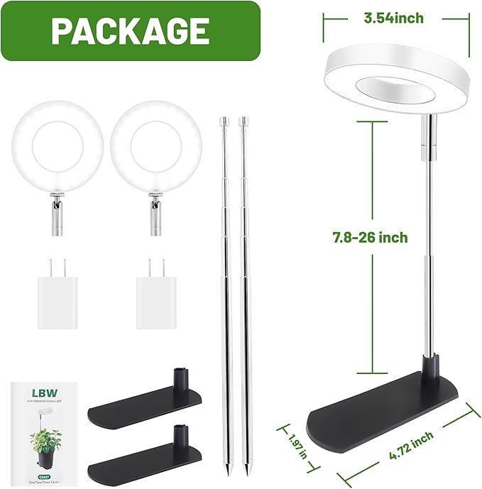 LBW Grow Light for Indoor Plants, Height Adjustable Plant Grow Lamp with Auto On/Off Timer 4/8/12H, 4 Dimmable Brightness, for Small Plants, White, 2 Packs