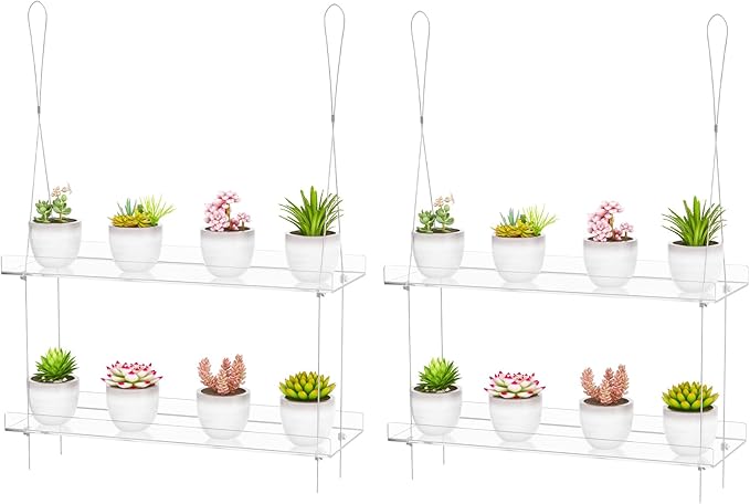 2-Pack Clear Hanging Window Plant Shelves, 2-Tier Indoor Wall Plant Stand Flower Display Organizer Storage for Microgreens,Succulents,Flower,16-Inch