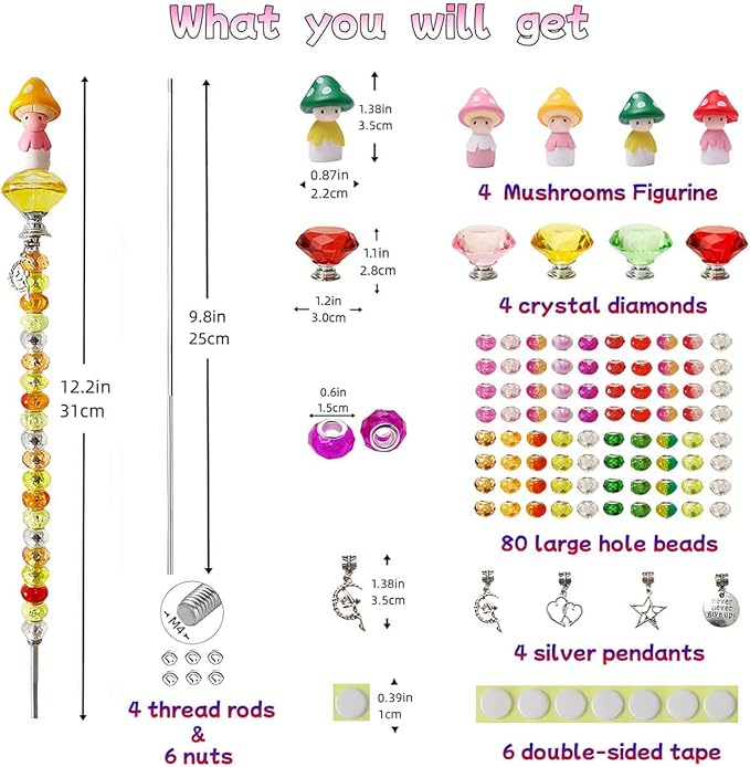 102 Pcs Fairy Garden Accessories Outdoor Kit - DIY Fairy Wand Beaded Garden Stakes Decorative Kit with Miniature Mushrooms Figurine for Different Festivals, Beadable Items(Mushrooms)