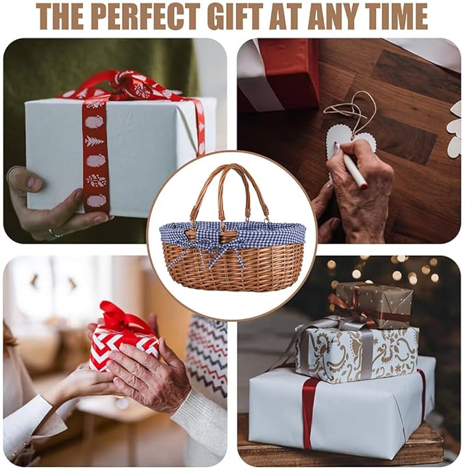 Large Wicker Picnic Basket with Handles,Handle Sturdy Woven Body with Removable and Washable Lining,Outdoor Camping,Gift Packing,Garden Picking, Storage.Blue