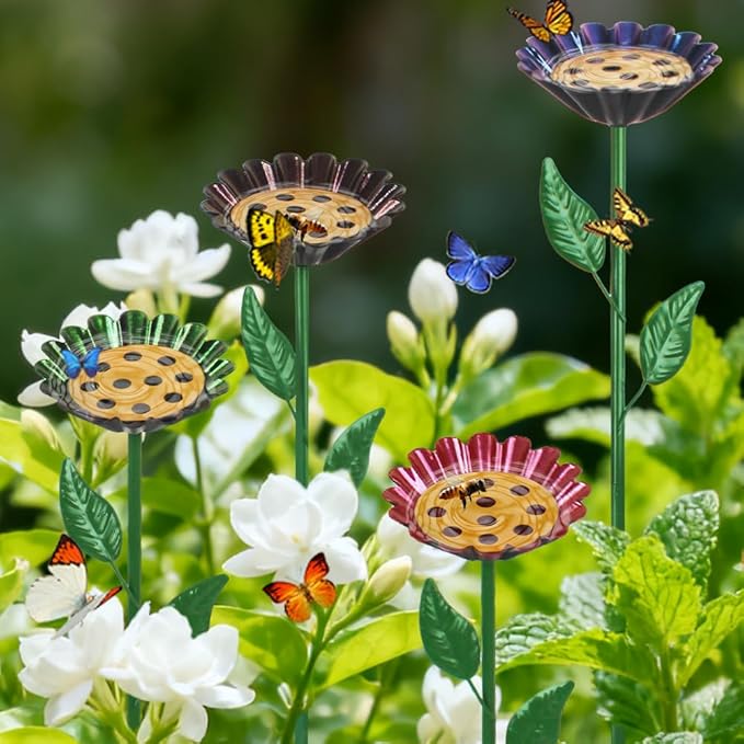 DREAMYSOUL 4 Pack Bee Watering Station, Colorful Metal Bee Bath and Feeder Set for Outdoor Garden Yard