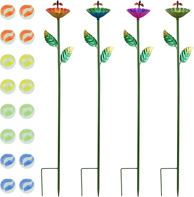 4Pack Bee Watering Station,Metal Bee Bath for Garden with16 Glass Marbles,Butterfly Watering Station for Outdoor Decor in Flower Design,Water Feeder to Attract Pollinators (Colorful,Size:60*8.1*8.1cm)