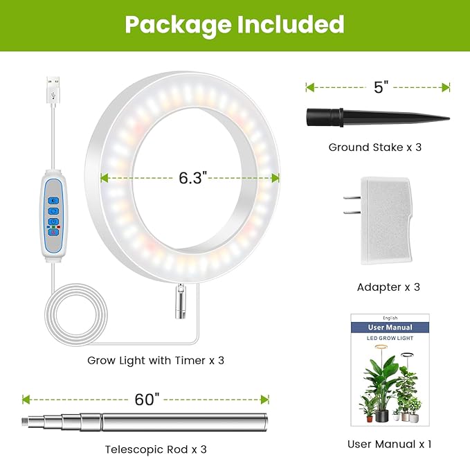 White Grow Light, Full Spectrum LED Plant Lighs for Indoor Growing with 6/12/16H Timer, 3 Color Modes, 5 Brightness, 10"-60" Height Adjustable Plant Lamp for Tall Indoor Plants (3 Pack)