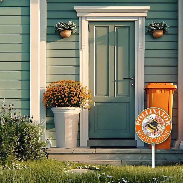Kurmntregon Pollinator Work Zone Garden Sign Pollinators Friendly Yard Sign Bees Butterflies Round 9.2inch Rustproof Aluminium Home Farm Garden Porch Decor Outside Outdoor Lawn