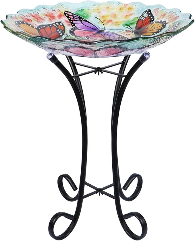 Glass Bird Bath Outdoor with Metal Stand for Lawn Yard Garden Decor Butterfly Bird Feeder