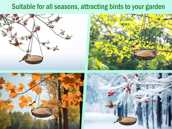 2PCS Metal Hanging Bird Feeder Tray, Hanging Feeder Seed Tray, with Chains, Outside Hanging Bird Feeder Tray, Metal Mesh Platform Feeders,Seed Tray Platform,for Attracting Birds,Outdoors,Garden