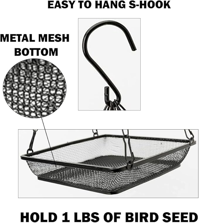 Evelots Hanging Bird Feeder Tray-4 Pack- Sturdy Metal Mesh Seed & Suet Platform-Attract Wild Birds in Backyard-Long 16 Inch Metal Chain-Water Drains Out