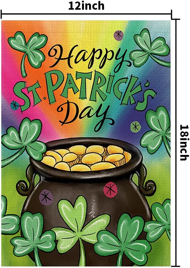 Happy St Patrick's Day Garden Flag 12x18 Inch Double Sided Burlap, Green Lucky Clovers Shamrock Gold Coin Sign for Farmhouse Yard Outdoor Decor DF430