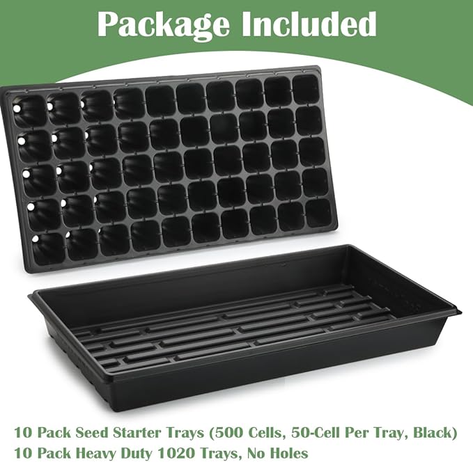 10 Pack 1020 Trays and 10 Pack 3.5" Deep 50 Cell Seed Starter Trays, 20" x 10" - Durable Plastic Nursery Flats for Microgreens, Seedling,Seed Germination & Plant Propagation (10 Set)