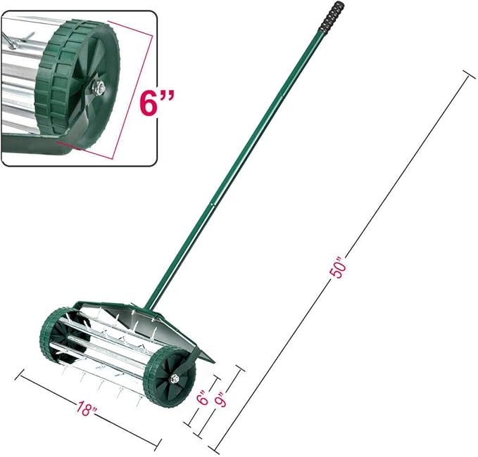 Goplus Rolling Lawn Aerator, 18-Inch Garden Yard Rotary Push Tine Heavy Duty Spike Soil Aeration, Manual Lawn Aeration Tool w/ 41-Inch Handle (Green w/Fender)