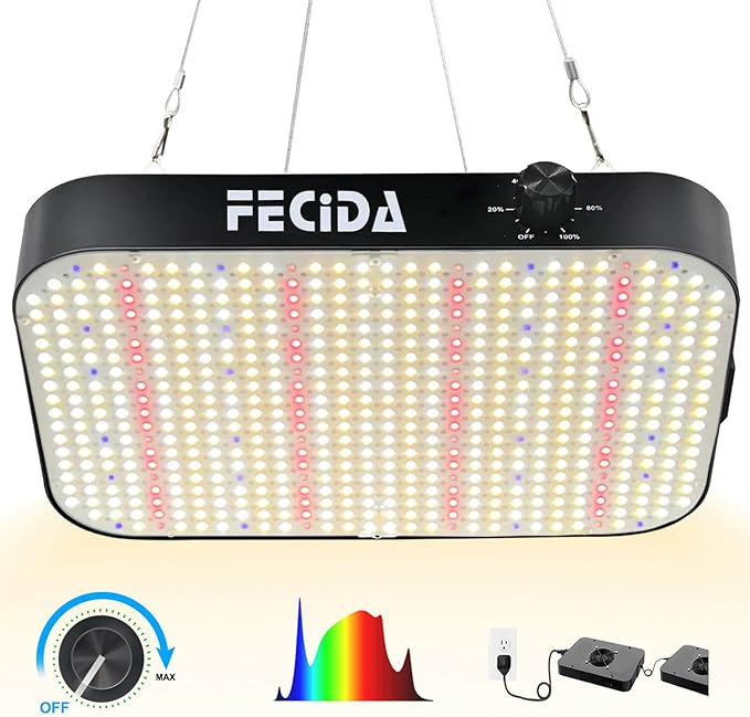 FECiDA 1200W Equivalent LED Grow Light, 130 Watt Power Draw Full Spectrum Grow Lights for Seed Starting, Seedlings, Veg, Bloom, 0–100% Dimmable, Daisy Chain, Quiet Cooling Fan