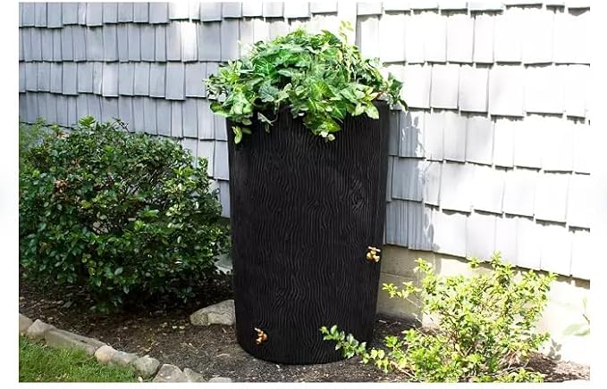 Decorative Rain Barrel with Wood Grain Texture, 90 Gallon Capacity,You can Plant an Array of Floral Arrangements, or Even a Small herb or Vegetable Garden. (Black, 90 Gallon)