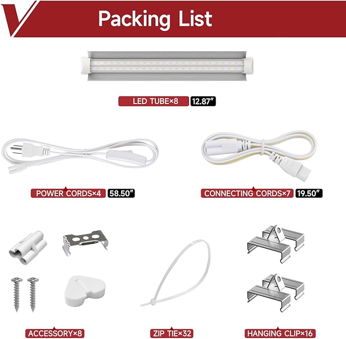 8 Pack LED Grow Light 1FT, 5000K Full Spectrum, 120W(8 x 15W), Linkable Growing Lamp Fixture, T8 Grow Lights for Indoor Plants, Seed Starting, Vegetables