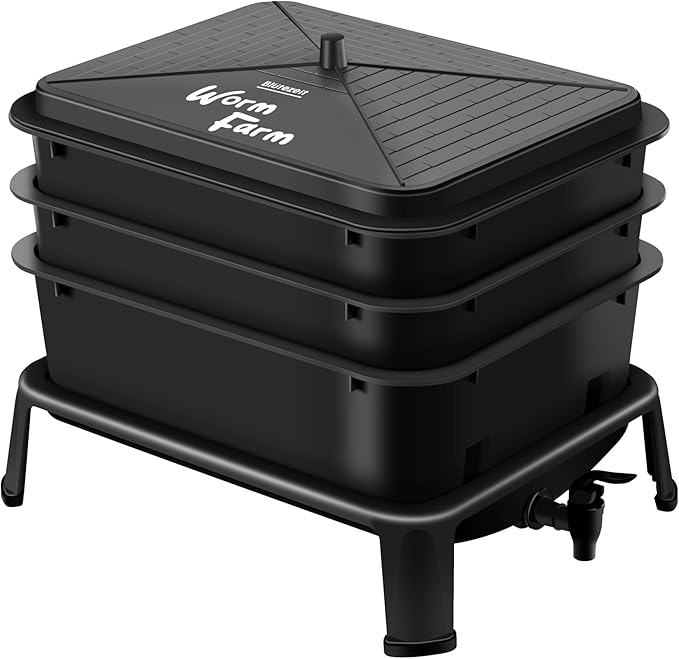 BlĂŒtezeit 3-Tray Worm Composter, 32QT Worm Farm with Compost Worms Starter Kit for Indoor & Outdoor Vermicomposting, Worm Bin for Recycling Food Waste (Black)