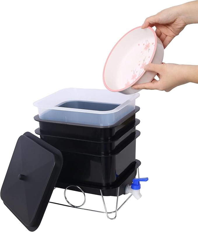 4-Layer Worm Bin with Worm Farm Kit, 20L Worm Composter Indoor & Outdoor with A Tap for Recycling Food Waste, Worm Castings, Easy Setup (Black, 4-Layer)