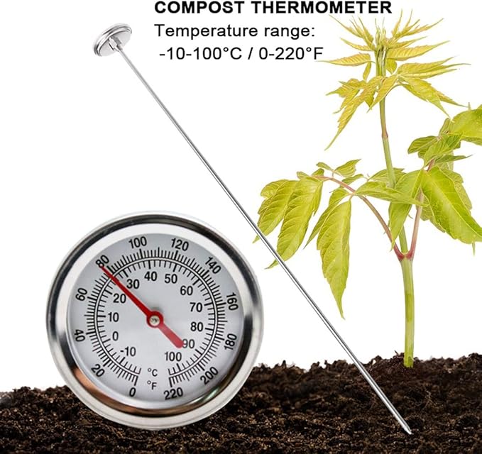 Long Stem Compost Soil Thermometer - Fast Response Stainless Steel 20 Inch - Measuring Probe - Fahrenheit and Celsius