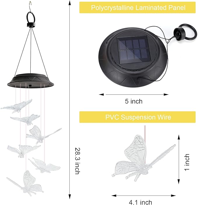 Birthday Gifts for Women Mom Grandma, Gardening Gifts for Women, Butterfly Solar Wind Chimes for Outside, Wind Chimes Outdoor Waterproof, Solar Lights Outdoor Decorative for Garden Patio Yard