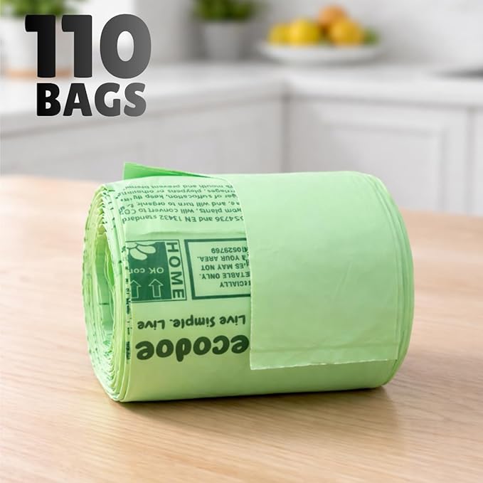 2.6 Gallon 100% Compostable Bags Handle Tie (110 Bags) 9.84L Small Compost Trash Bags Food Scrap Garbage Bags US BPI Certified TUV OK Compost Home Certified Meeting ASTM D6400 (110 ct.)
