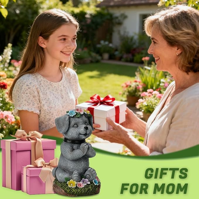 Solar Dog Figurine Garden Decor with LED Lights - Solar Powered Outdoor Statue for Yard, Patio, Lawn - Waterproof Animal Decor