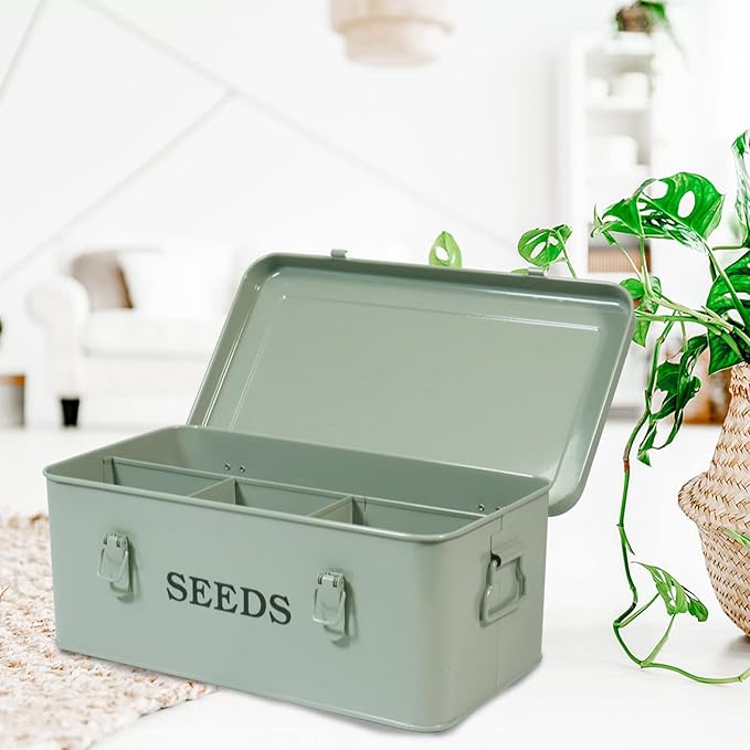 Seed Storage Box Metal Container Organizer, 4-Compartment Garden Seed Box with Safety Locks - Grayish Green