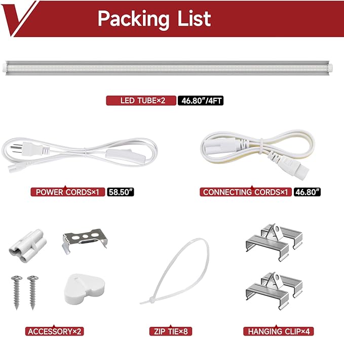 2 Pack LED Grow Light 4FT, 5000K Full Spectrum, 84W(2 x 42W), Linkable Growing Lamp Fixture, T8 Grow Lights for Indoor Plants, Seed Starting, Vegetables