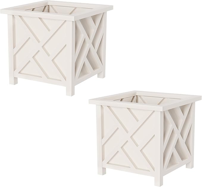 Lattice Design Planter Box 2-Pack – 14.75-Inch Decorative Outdoor Flower or Plant Pots – Front Porch, Patio, and Garden Decor by Pure Garden (White)