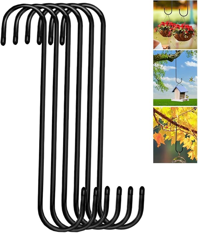 Lchkrep Plant Hooks 6 Pack 10 inch Black,Large Plant Hanger S Hook Garden Hooks for Plants, Hanging Baskets,Flower, Pergola,Garden,Patio,Kitchen,Indoor Outdoor Uses (Black-10inch)