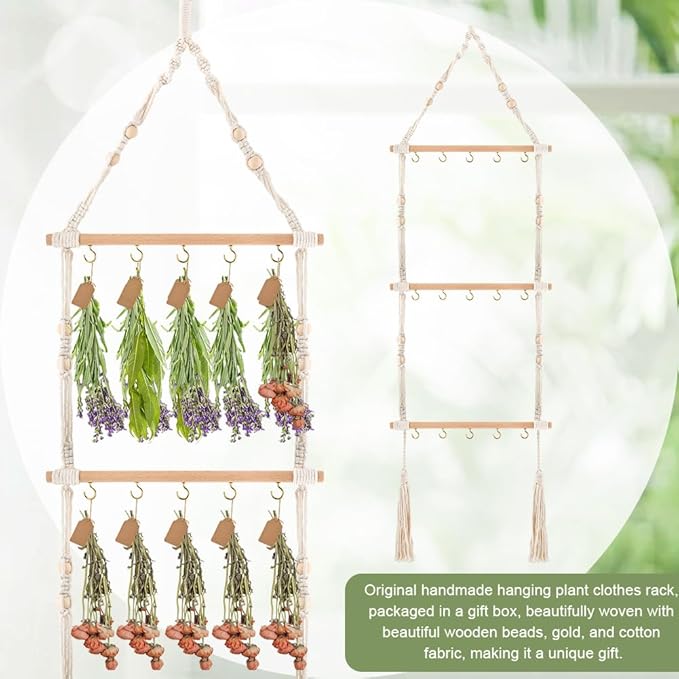 3-Tier Hanging Herb Drying Rack, Includes 25 Gift Tags & 32ft Natural Jute Twine, Handwoven Hanging Herb Dryer Rack Plant Hanger for Drying Herbs, Flowers, Sage(COLOR:Beige)