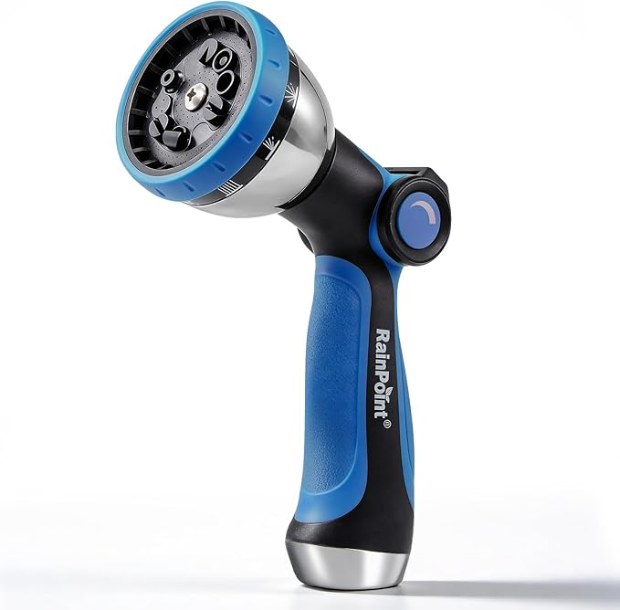 RAINPOINT Spray Nozzles for Garden Hose - 10 Spray Patterns Garden Hose Nozzle with Adjustable Flow Control for Watering Plants, Washing Cars,Washing Pets, Thumb Control (Blue)