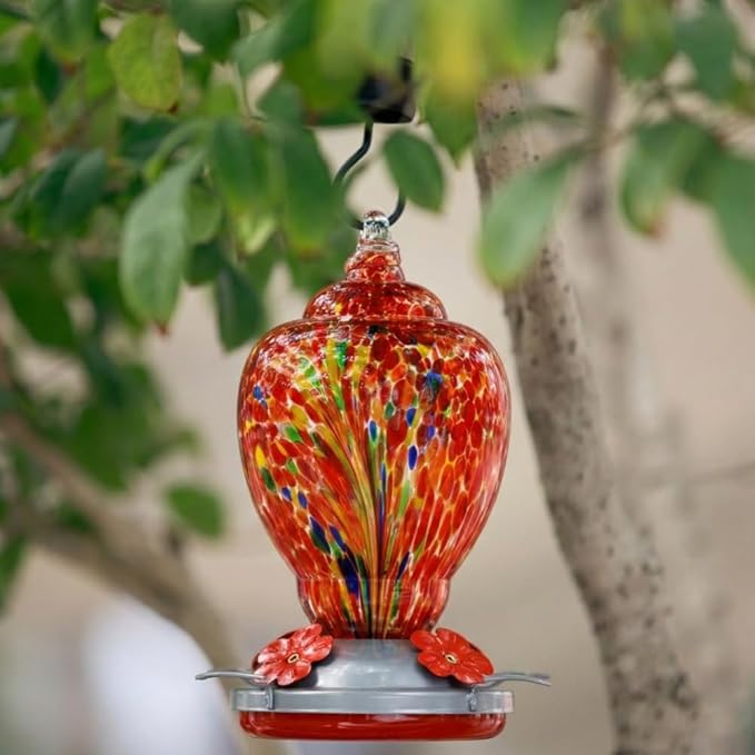 WOSIBO Hummingbird Feeder for Outdoors Patio Large 32 Ounces Colorful Hand Blown Glass Hummingbird Feeder with Ant Moat Hanging Hook, Rope, Brush and Service Card (RED-Firework)