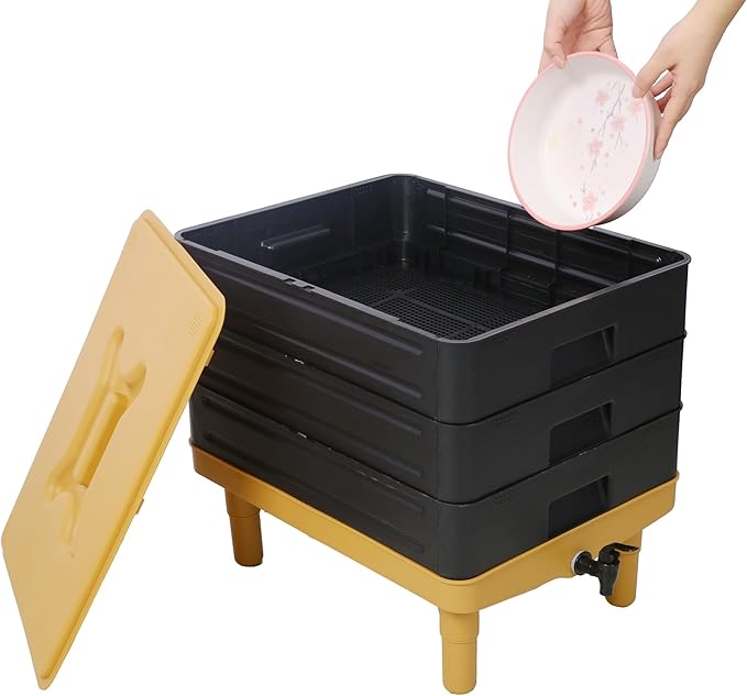 3-Layer Worm Bin with Worm Farm Kit, 65L Worm Composter Indoor & Outdoor with A Tap for Recycling Food Waste, Worm Castings, Easy Setup (Yellow+Black, 3-Layer)