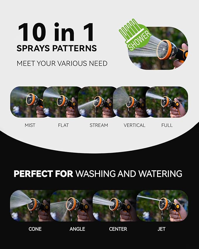 RAINPOINT Spray Nozzles for Garden Hose - 10 Spray Patterns Garden Hose Nozzle with Adjustable Flow Control for Watering Plants, Washing Cars,Washing Pets, Thumb Control (2 Packs, Orange)