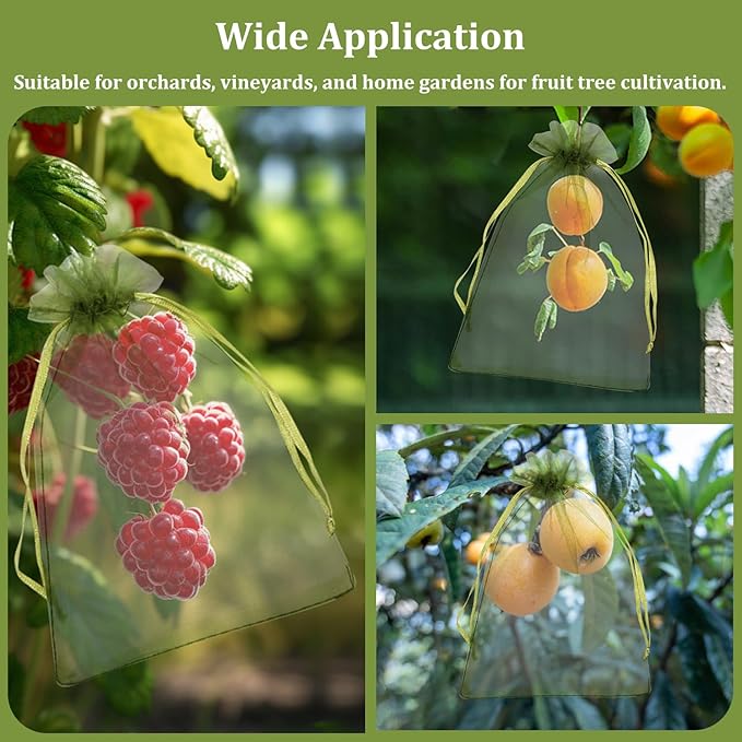100Pcs Fruit Protection Bags, 4Ć6inch Fruit Netting Bags for Fruit Trees, Green Fruit Netting Cover Drawstring Mesh Bags Pest Barrier for Strawberry Blueberry Small Fruit