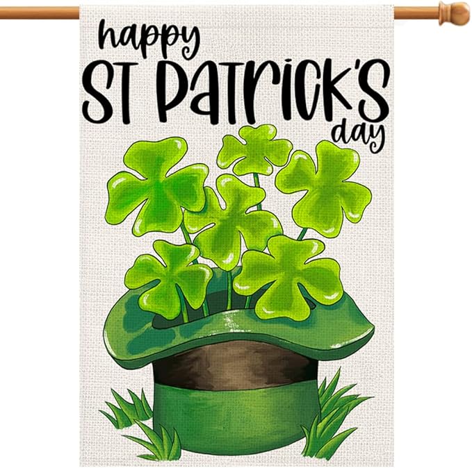 Happy St Patricks Day Burlap House Flags 28x40 Inch Double Sided, Green Lucky Shamrock Sign Farmhouse Yard Outdoor Decor DF192-28