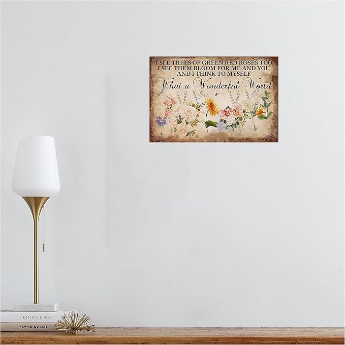 Garden Signs What A Wonderful World Vintage Poster I See Trees of Green Red Roses Too Metal Plaque Garden Decor Flower Dragonfly and Flowers Metal Signs For Outside Yard 8x12 Inch