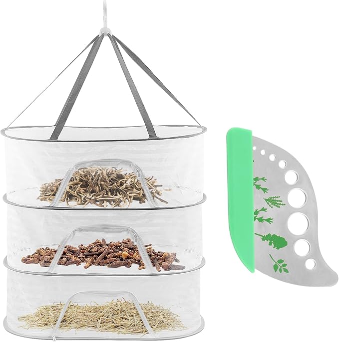 Herb Drying Rack 3 Layer Hanging Mesh Net, 2pcs/Set Herb Dryer Hanging Rack with Herb Stripper, Foldable Hanging Mesh Dryer for Buds, Fruits, Vegetables, Fish, Clothes, Doll(White)